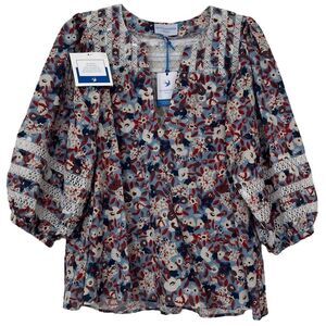 Mi Golondrina Blouse Chela Floral Marino XS Boho Peasant 1/2 Sleeve Blue Top NWT